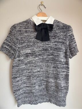 Kate Spade Black & White Short-Sleeve Crewneck Sweater, Removable Collar & Bow